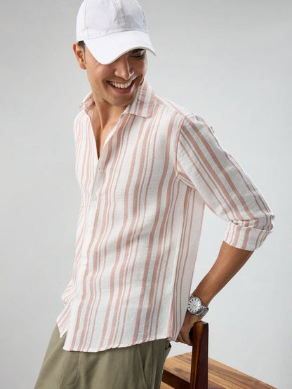 Pink White Striped Linen Casual Shirt for Men | Zibilo
