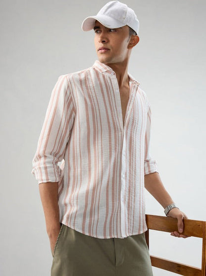 Pink White Striped Linen Casual Shirt for Men | Zibilo