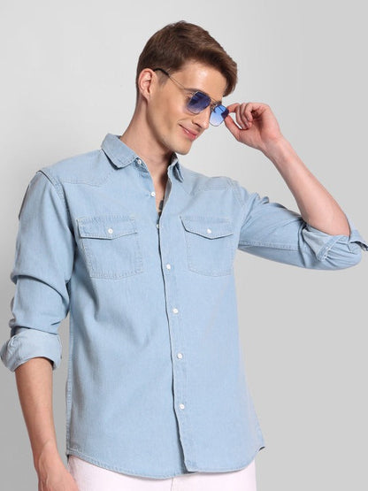 Light Blue Denim Casual Shirt for Men | Zibilo