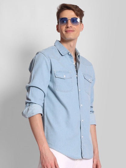Light Blue Denim Casual Shirt for Men | Zibilo