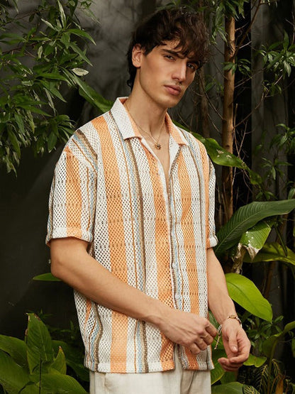 Orange Striped Textured Casual Shirt for Men | Zibilo