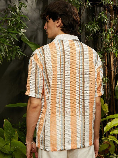 Orange Striped Textured Casual Shirt for Men | Zibilo