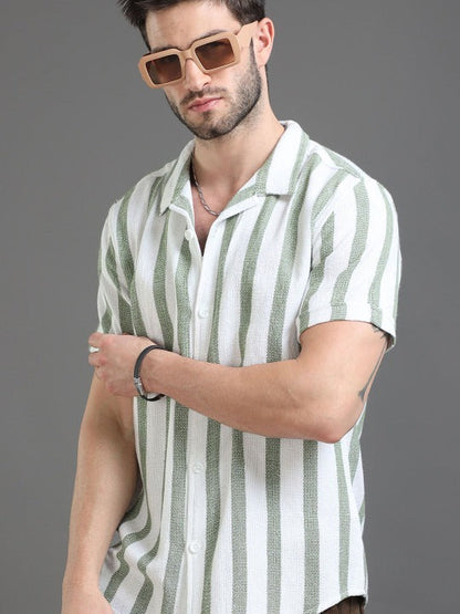 Green Striped Half Sleeve Casual Shirt for Men | Zibilo