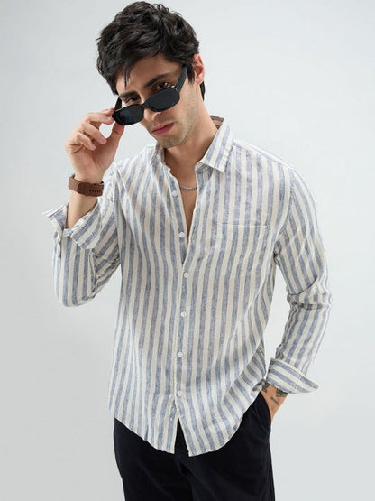 White Blue Striped Linen Casual Shirt for Men | Zibilo