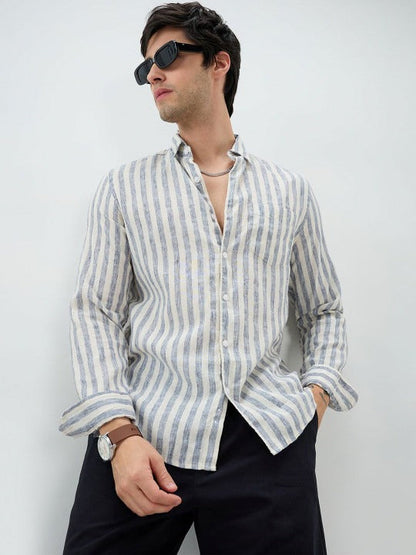 White Blue Striped Linen Casual Shirt for Men | Zibilo