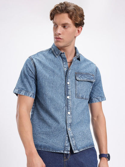 Blue Washed Denim Half Sleeve Shirt for Men | Zibilo