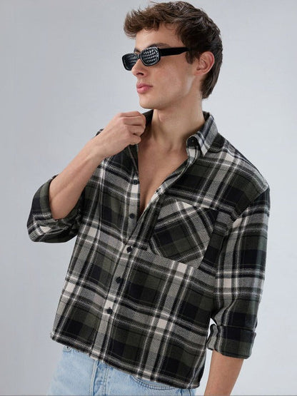 Black Grey Checked Flannel Casual Shirt for Men | Zibilo