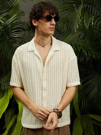 Cream Textured Resort Collar Casual Shirt for Men | Zibilo