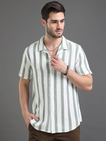 Green Striped Half Sleeve Casual Shirt for Men | Zibilo