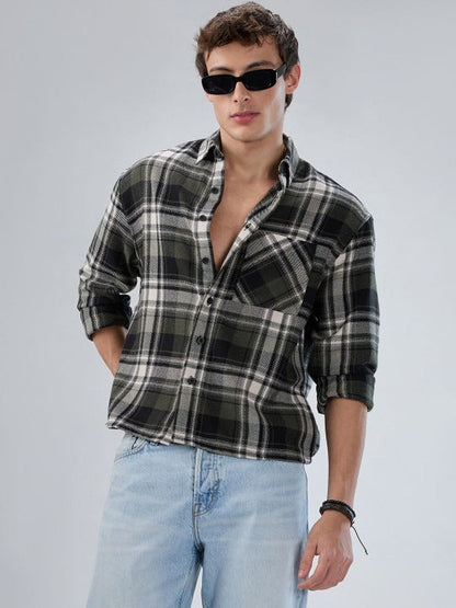 Black Grey Checked Flannel Casual Shirt for Men | Zibilo