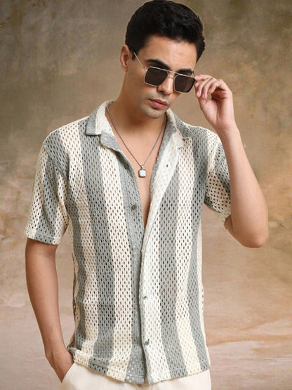 Beige Grey Textured Striped Casual Shirt for Men | Zibilo