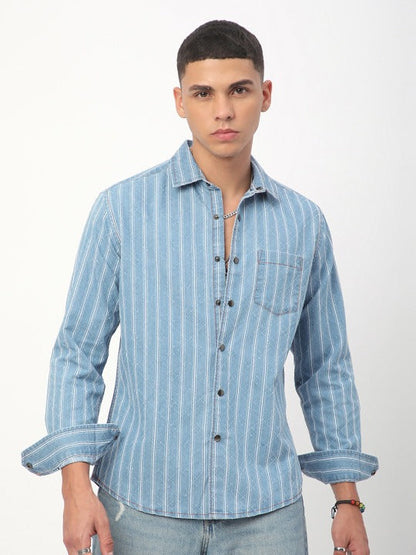 Light Blue Striped Denim Casual Shirt for Men | Zibilo