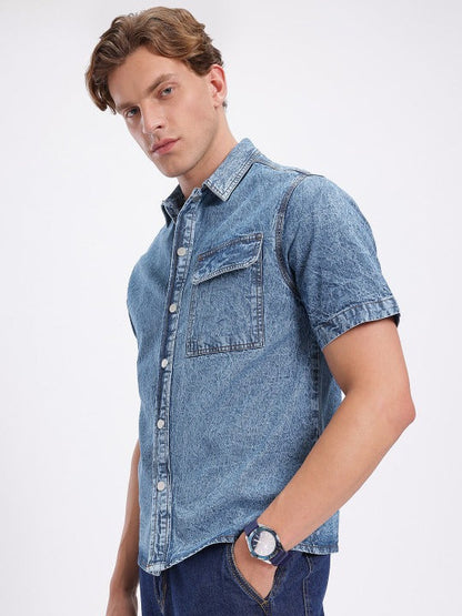 Blue Washed Denim Half Sleeve Shirt for Men | Zibilo