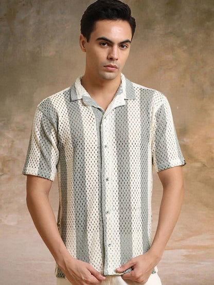 Beige Grey Textured Striped Casual Shirt for Men | Zibilo
