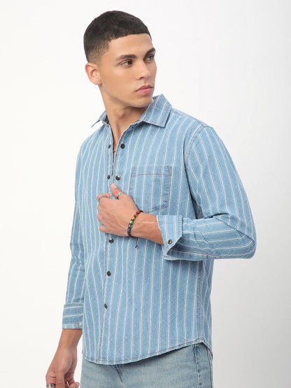 Light Blue Striped Denim Casual Shirt for Men | Zibilo