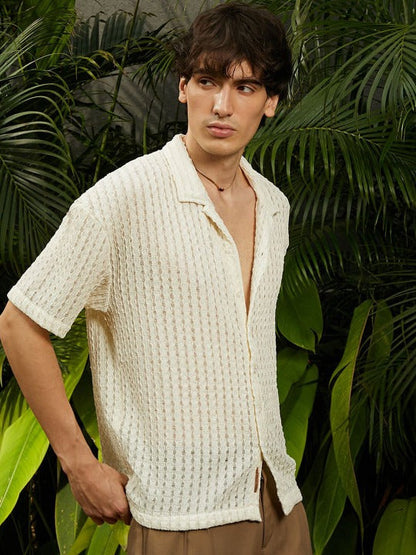 Cream Textured Resort Collar Casual Shirt for Men | Zibilo