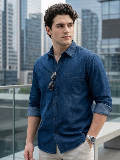 Dark Indigo Denim Shirt for Men – Premium Washed Casual Full Sleeve Shirt