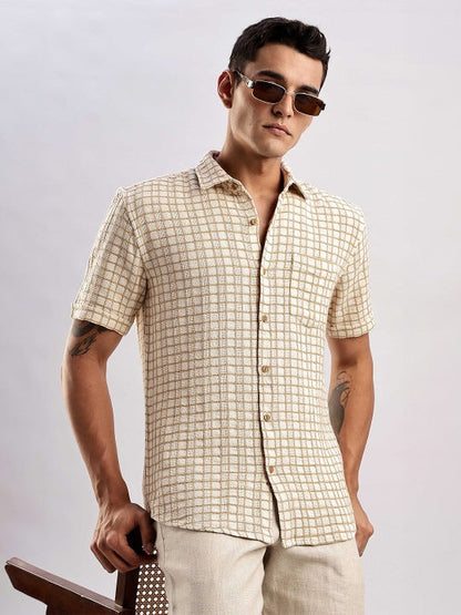 Beige Checked Half Sleeve Casual Shirt for Men | Zibilo