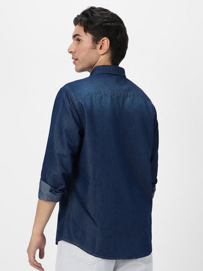 Dark Indigo Denim Shirt for Men – Premium Washed Casual Full Sleeve Shirt