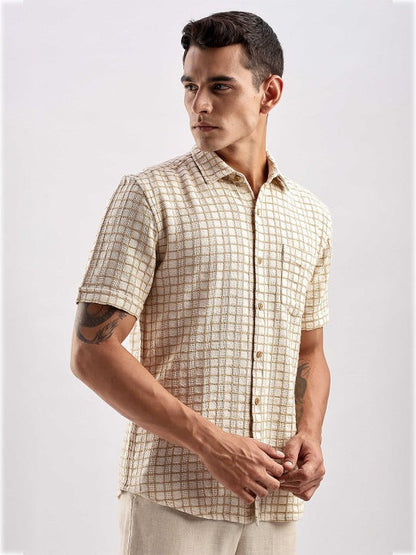 Beige Checked Half Sleeve Casual Shirt for Men | Zibilo