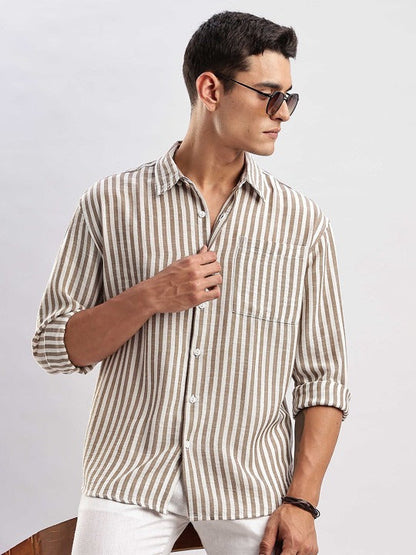Brown White Striped Casual Shirt for Men | Zibilo