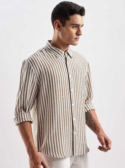 Brown White Striped Casual Shirt for Men | Zibilo