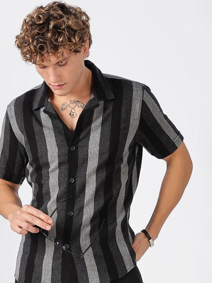 Black Grey Striped Half Sleeve Casual Shirt for Men | Zibilo